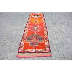Turkish <b>Runner</b> Rug 2.8x10.5 ft, <b>Red</b> Plants & trees Vintage Wool Rug - Product Image 1