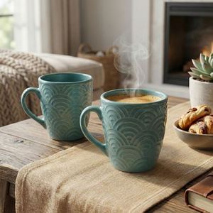 Set of 2 Sea Foam Insulated Stoneware Ceramic Coffee Mugs 360ml Capacity <b>Microwave</b> & Dishwasher Safe for Hot Chocolate - Product Image 1