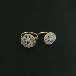 Labono Art Trendy Gold-Plated Double <b>Ring</b> with Pink Ruby Stone Oval Cut Inlay on Silver <b>Statement</b> Geometric Design-FAW0027 - Product Image 1