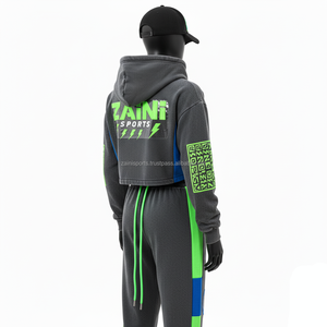 ชุดวอร์มผ้าฟลีซสำหรับผู้หญิง320 GSM ชุดวอร์มคอตตอนโพลีเอสเตอร์สีเทาสีสะท้อนสีเขียวนีออนสีฟ้าดีไซน์แบบกำหนดเองชุดวอร์มไซส์ใหญ่พิเศษ - Product Image 5