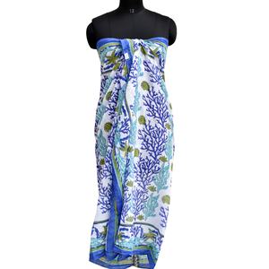 Sarongs traditionnels en coton pour femmes faits à la main Sanganeri bloc floral imprimé maillots de bain pour adultes paréos blancs en gros - Product Image 1