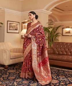 <b>Printed</b> Fancy Silk Saree with Chiffon Banarasi Work and Embroidery Blouse for Elegant Wedding Party Wear - Product Image 5
