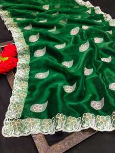 Saris de seda de organza para mujer, adornados con perlas de diamantes de Swarovski, bordado de hilo blanco - Product Image 3