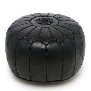 Black Round <b>Leather</b> Pouf <b>Cover</b> Geometric Embroidery Bohemian Style Handmade Stitched Drawstring Closure Customizable Home Decor - Product Image 4