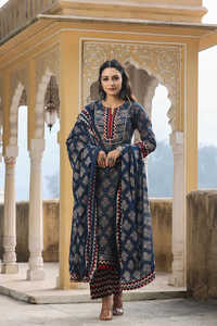 Blue Floral Printed Kurta With Printed Trousers And Printed Cotton Dupatta Round Neck Straight Kurta <b>Gota</b> Patti Wholesale Price - Product Image 2