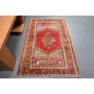 Tapis Kilim en laine rouge beige oriental 3.4X5.2 pieds Tapis rectangulaires turcs de grande surface Latex 10mm 100% laine 100% fait à la main 100% - Product Image 1