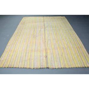 Alfombra turca Vintage de 6,8x8,7 pies, clásica, amarilla, Beige, lana a rayas, área grande, patrón de pasillo rectangular para dormitorio, respaldo de látex - Product Image 1