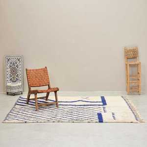 Tapis de couleur blanche avec motif de zigzag bleu Tapis de designer Motif d'impression de bloc de main Dhurries Tapis en coton 100% - Product Image 1