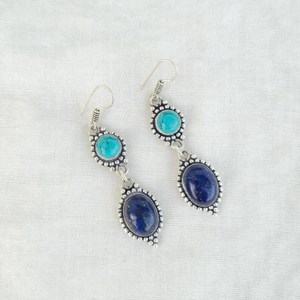 Lapis Lazuli & Turquoise Multi Stone <b>Earrings</b> 925 <b>Silver</b> Plated <b>Dangle</b> Handmade Crystal Boho Ear Wire Jewelry Gift for Her - Product Image 2