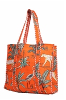 Bolso de Hombro Acolchado Tipo Duffle, de Algodón con Estampado a Mano, Diseño Naranja Selva, Ecológico, Sostenible, para Compras, Playa, Estilo Boho, Fin de Semana