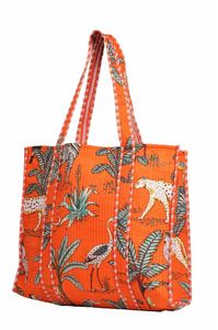 Sac fourre-tout matelassé sac à bandoulière en coton imprimé à la main Orange Jungle écologique durable Shopping plage Boho sac de week-end - Product Image 6