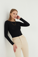 Camiseta de Punto de Manga Larga con Cuello Redondo para Mujer, Color Negro, Corte Ajustado, Estilo Minimalista, para Todas las Temporadas
