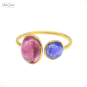 Anillo de vástago dividido más vendido, turmalina rosa y tanzanita, 2 piedras preciosas, anillo ajustable, oro amarillo de 14K, joyería fina con descuento - Product Image 4