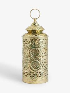 Farol Cilíndrico de Metal Dorado Elegante Especial para Ramadán con Intrincados Relieves, Brillo Suave de Vela, Ideal para Decoración Festiva del Hogar - Product Image 4