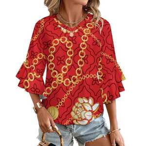 Camiseta de Verano para Mujer, Estilo Polinesio Personalizado, Cuello en V, Manga Corta, Borde con Volantes, Talla Grande - Product Image 5