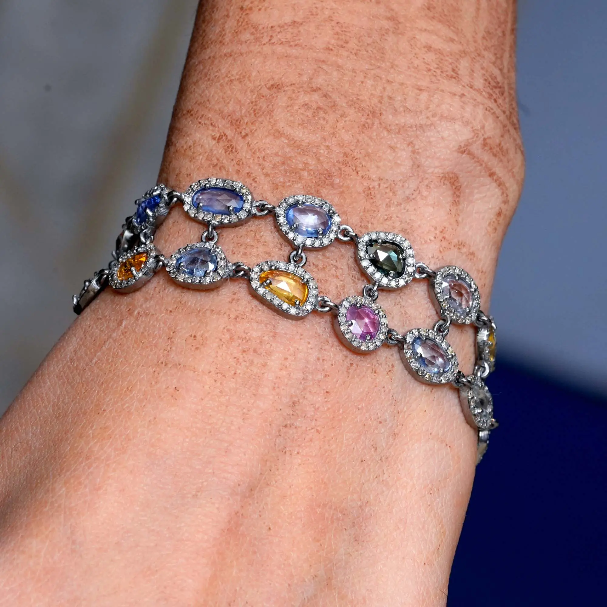 Natural Multi Sapphire Gemstone Pave Diamond Oxidised 925 Silver Designer Unisex Double Line Bracelet Jewelry Wholesale