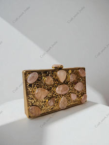 Rose Quartz Gemstone Panelled Clutch with Gold Textured Frame Featuring Soft <b>Pink</b> Natural Stones Luxury Statement <b>Bag</b> for women - Product Image 2