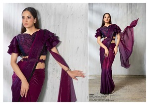 Ropa de fiesta Satén de seda con bordado Trabajo Listo para usar Sari Premium Trabajo manual Mujer Fabricación de moda de la India - Product Image 2