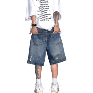 <b>Mens</b> Blue Distressed Denim <b>Shorts</b> Baggy Fit Ripped <b>Knee</b> <b>Length</b> Casual Streetwear 100% Cotton Breathable Quick Dry Summer Fashion - Product Image 2