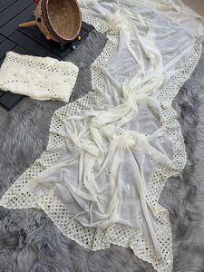 Sari en soie géorgette pure avec travail de perles, saris en miroir véritable avec pièces de blouse pour femmes - Product Image 3