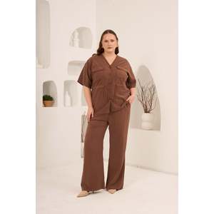 Waist Lace-Up Detail V-Neck Women's Plus Size Jacket Trousers <b>Set</b> Brown - Product Image 1