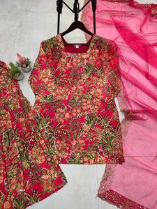 Heavy Embroidery Sequence Work Women Set Chinon <b>Silk</b> Heavy Sequence Embroidery & Print Top and Sharara With Fancy Design Dupatta - Product Image 5