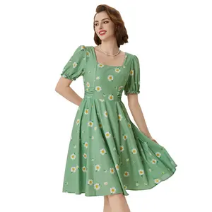 女性摇摆连衣裙方领喇叭形a线复古1950S Cottagecore鸡尾酒短袖连衣裙