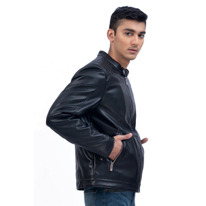 Veste en cuir tendance pour homme avec col montant et finition lisse en cuir PU, veste en cuir pour homme avec surpiqûres élégantes - Product Image 4