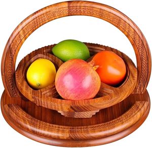 Combohome Élégant panier de fruits en bois fabriqué à la main avec poignée Panier pliable décoratif sculpté avec un style floral - Product Image 1