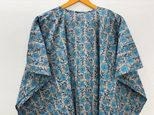 Caftan en coton à fleurs blanc indien pour femmes longueur au sol bloc de main imprimé vêtements de nuit Maxi Kimono haut court couverture de plage Hippie - Product Image 4