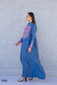Luxueux bleu coton égyptien femmes belle Chic brodé à la main à manches longues cheville longueur décontracté turc caftan Maxi robe - Product Image 5