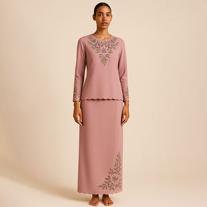 ZAHINA modesto conjunto de Kurung BAJU bordado exquisito de dos piezas de talla grande plisado frontal bordado festoneado transpirable detallado - Product Image 2