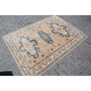 Alfombra Turca Vintage, Alfombra de Lana Azul del Suroeste de 4.2x5.6 pies - Product Image 3