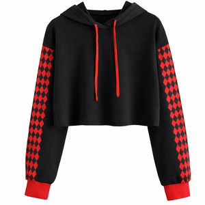 Sudadera con Capucha Corta Personalizada de Estilo Nuevo para Mujer, Color Negro y Rojo, Mangas con Diseño de Diamantes, Sudadera con Capucha Informal - Product Image 1
