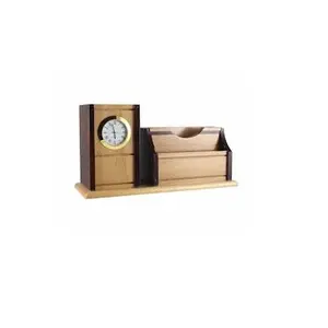 Portalápices de madera real para juego de papelería con reloj y soporte para teléfono inteligente portalápices de madera a bajo precio - Product Image 1