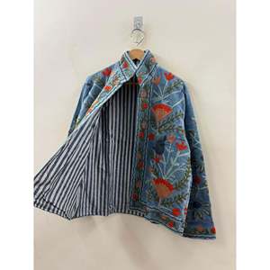 Manteaux d'automne et d'hiver Poppy Garden, veste en velours brodée Suzani réversible, bleu ardoise lavé, style bohème, bomber matelassé court - Product Image 5