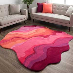 Tapis en laine touffeté Ondes Coucher de Soleil Rose Chaleureux - Tapis rond 3D doux pour la décoration du salon, Décoration d'intérieur douce et esthétique - Product Image 1