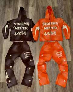 <b>Embroidery</b> logo Custom Tracksuit Streetwear Vintage Half Zipper Acid Wash Distressed Flared Sweatpants and Hoodie <b>Set</b> - Product Image 1