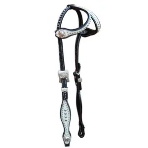 Caballo occidental de cuero negro de la mejor calidad, juego de tachuelas de caballo con una oreja, tachuelas plateadas, hechas a mano con tachuelas - Product Image 3