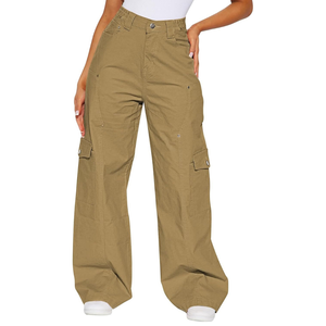 Pantalon cargo large en toile de coton pour femmes Pantalon léger de mi-saison taille haute plat à six poches avec logo personnalisé - Product Image 1