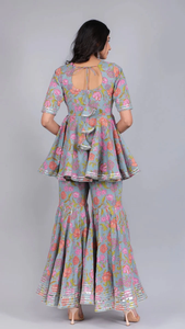 CHAAVI ensemble de robes décontractées bleu coton Sharara demi-manches taille naturelle coupe évasée Sharara robe pour les femmes - Product Image 5