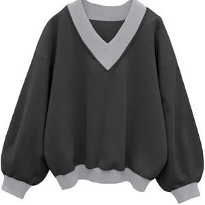 Sweat-shirt ample à col en V unisexe à la mode pull surdimensionné décontracté Streetwear haut baggy en coton doux à ourlet côtelé - Product Image 1