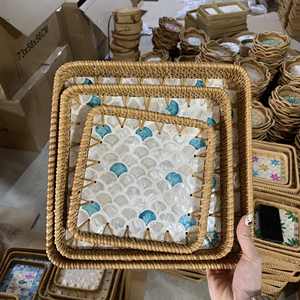Handcrafted <b>Rattan</b> Tray With Mother-Of-Pearl inlay | Boho style decorative tray Hand-woven <b>Rattan</b> Trays Unique home decor & gift - Product Image 5