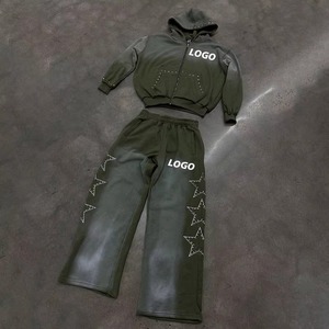 Sweat-shirts et pantalons de survêtement unisexes en coton French Terry surdimensionnés avec logo imprimé en strass personnalisé, lavage à l'acide, délavé au soleil - Product Image 1
