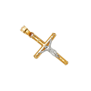 Colgante de cruz cristiana Chapado en dos tonos de oro amarillo de 14K de tendencia vintage Accesorio clásico religioso para niños - Product Image 3