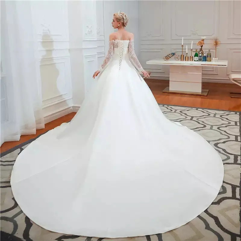 White Ivory Color Satin Off Shoulder Ball Gown Long Sleeve 2019 Plus Size Real Photo Women's Custom Made Vintage Wedding Dresses