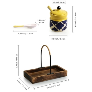 Moroccan Hand-Painted Ceramic Pickle & <b>Chutney</b> <b>Jar</b> Set With Spoons & Wooden Holder Non Air-Tight Set Of 2 Ceramic Condiment Pot - Product Image 6