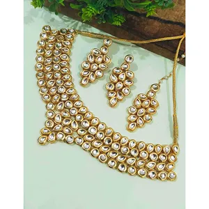 ชุดสร้อยคอทองคำชุบแบบ Kundan Meenakari ลายดอกไม้ สำหรับงานแต่งงานเจ้าสาว ประดับมุก เพชร และพลอยหลัก เป็นของขวัญสุดหรู - Product Image 1