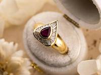 Antique Vintage 14K Gold Fine Ring Ruby Pear And Baguette Cut Lab Grown Diamond Classic Ring Wedding Gift Jewelry for Lovers