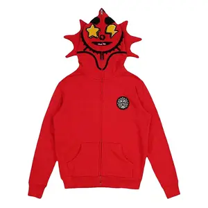 Hot Selling factory Made Men Red Fleece Full Face Zip Up Hoodie With Custom Logo & Puffy Ears On Hood Men Full Face Zip Up Hood